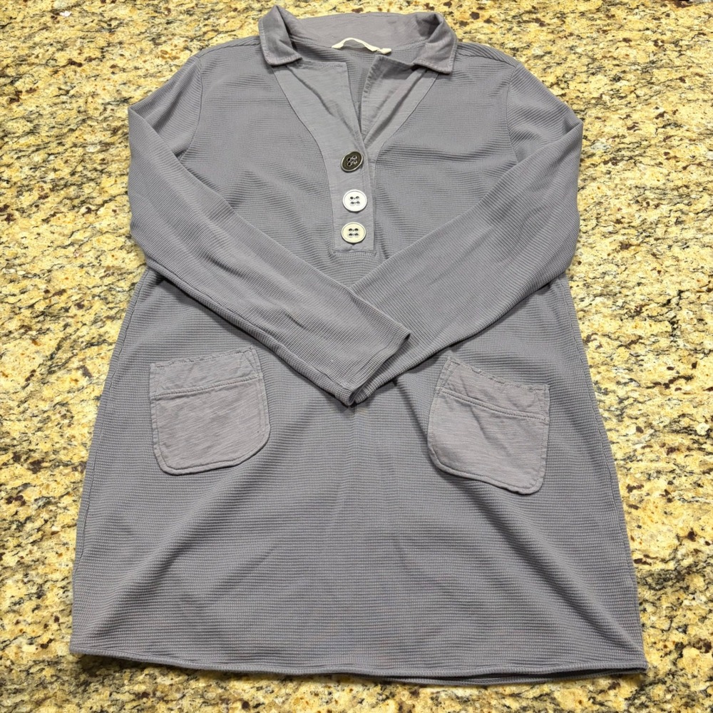 Soft Surroundings Grey Waffle Knit Henley Tunic Top Long Sleeve Pockets Womens L